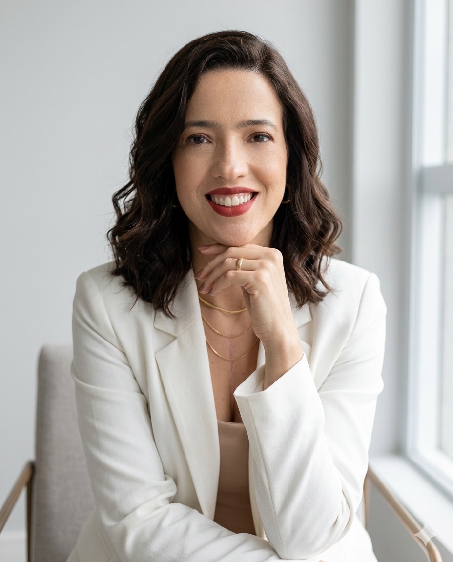Fabiola Monteiro, psicóloga e psicanalista, sentada em uma poltrona clara